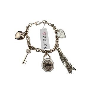Guess Gold Tone Charm Bracelet NWT Heart Love Key 7.25"-7.75"